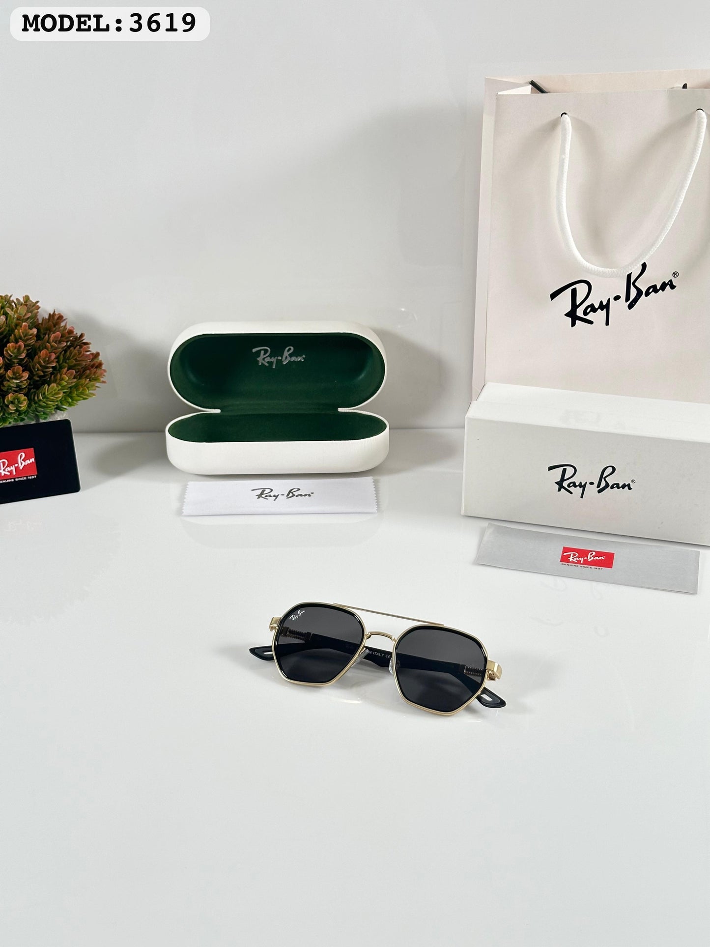Rayban Gold Black (3619) Sunglass With Og Kit And Box Packing